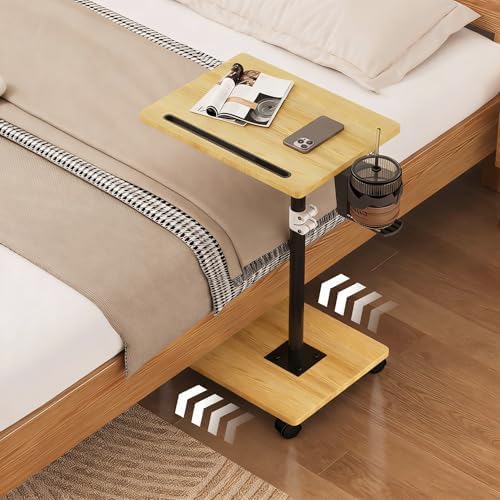Adjustable TV Tray Dinner Table, C Shaped Rolling Couch Table, Oak - Image 5