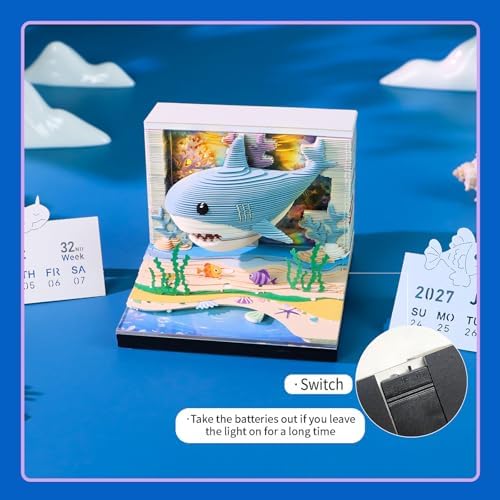 3D Calendar 2027,3D Desk Calendar 2027,Cute Ocean Shark Tear-Off Paper Sculpture Desk Calendars,3D Desk Calendar Memo Pad 2027,3D Memo Pad Creative Tear Away Weekly planner Carving Art Calendar Notepad,Gift,Paper sculpture calendar (Ocean Shark) - Image 5