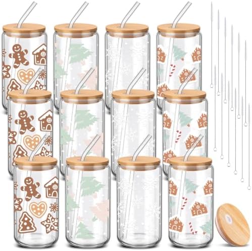 12 Sets Christmas Glass Cups Gifts 16 oz Cute Christmas Tree Glass Cups Gingerbread House Tumbler Snowflake Iced Coffee Cup with Lids and Straws for Women Coworkers Birthday Xmas Party Favors by Yetene