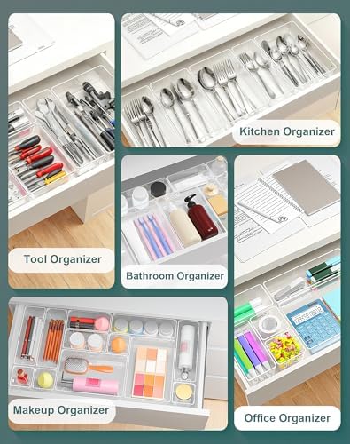 55Pcs Clear Plastic Drawer Organizers Set, 4size makeup drawer organizer trays for vanity,desk,bathroom,office,nightstand,gadgets for kitchen drawer, Versatile drawer divider storage bins - Image 3