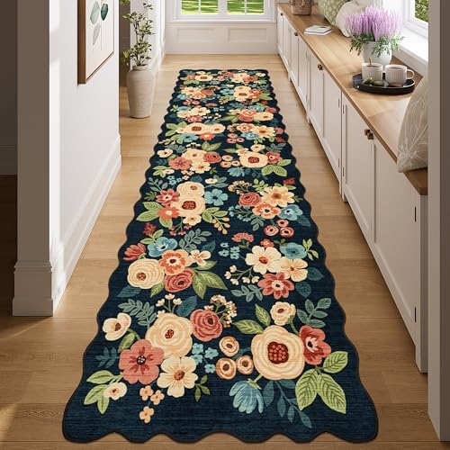 DUKINO 2x7 Runner Rug for Hallway, Floral Washable Kitchen Rug, Navy Blue by DUKINO