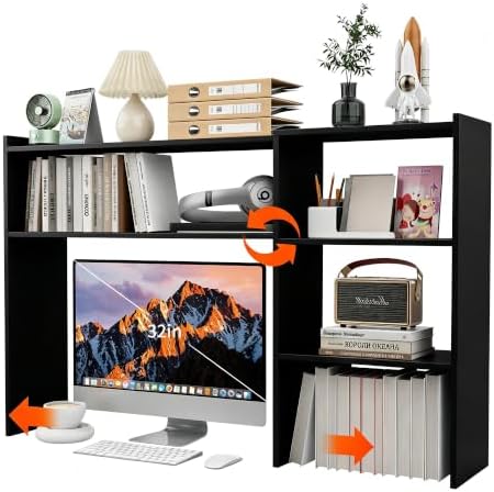 Aetheris Desktop Bookshelf, 43”Adjustable Office Desktop Organizer Shelf, Countertop Storage Hutch with 4 Shelves for Computer Desk, Adjustable Desk Hutch, Wooden Desktop Bookcase (Black) by Unknown