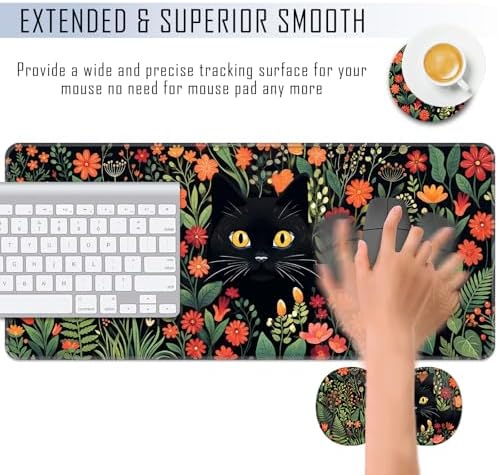 TGFEWYTJYJ Extended Gaming Mouse Pad,Memory Foam Ergonomic Keyboard Mouse Wrist Rest Support Set,Large Desk Mat with Stitched Edges,Non-Slip Base Mousepad Home Office,Cute Black Cats - Image 4