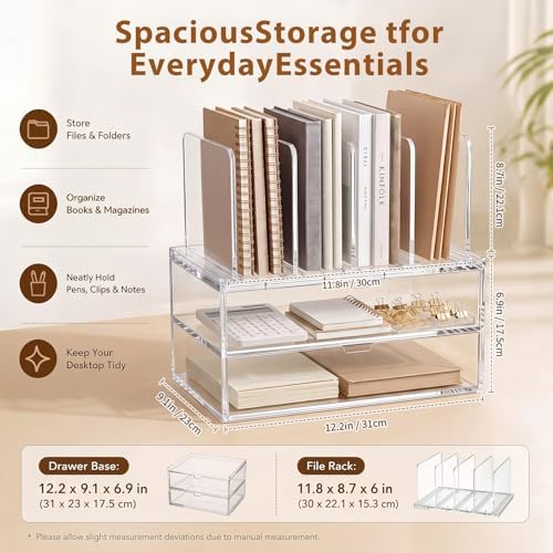 Ripeng Acrylic Desk Organizer with 2 Drawers, Vertical File Holder with 5 Detachable and Adjustable Dividers, Clear Desk Organizers and Accessories for Home, Office, School - Image 2