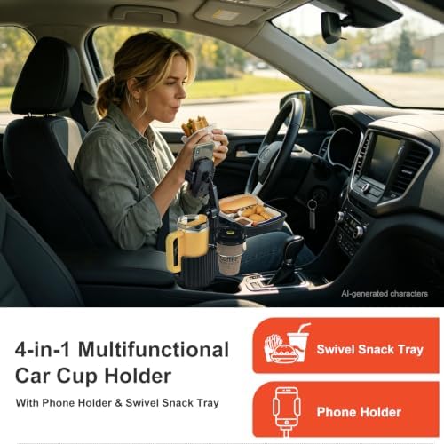 Car Large Cup Holder Expander, 4-in-1 Cupholder Extender with Phone Holder & Swivel and Detachable Snack Food Tray Table for Eating, Travel Essentials for Road Trips for Driver. Model F - Image 2