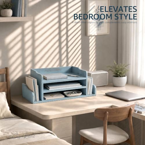 Wood Desk Organizer:File Organizer with 3-Tier Shelf for Office Desk, Blue - Image 4