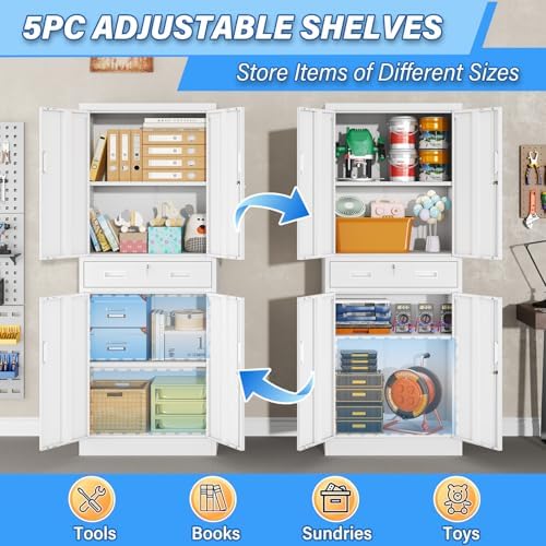 BESFUR Metal Storage Cabinet with 1 Drawer and Adjustable Shelves, 71" H Reinforced Heavy Duty Locking Storage Cabinet for Office, Garage, Home, School, Utility(White) - Image 5