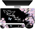ARTSO Large Mouse Pad Ergonomic Keyboard Wrist Rest Support Combo, Psalm 46:5 God is Within Her, She Will not Fall -Bible Verse Flower Butterfly Extended Desk Mat Blotter by Artso