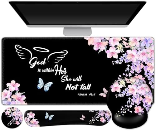 ARTSO Large Mouse Pad Ergonomic Keyboard Wrist Rest Support Combo, Psalm 46:5 God is Within Her, She Will not Fall -Bible Verse Flower Butterfly Extended Desk Mat Blotter by Artso