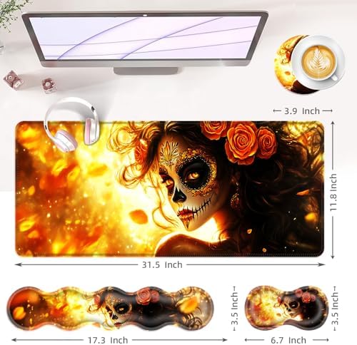 Large Keyboard Mouse Pad Set, Extended Mouse Pad+Keyboard Wrist Rest Support, Memory Foam Ergonomic Easy Typing, 4Pcs (31.5×11.8 in) Desk Pad Set for Office Home,Skull Woman with Rose - Image 6