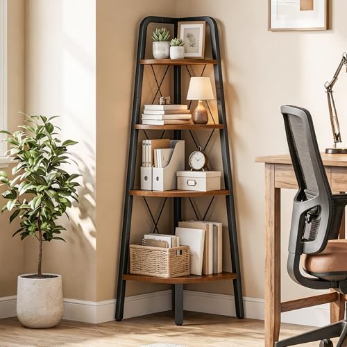 HOOBRO Corner Shelf, 4-Tier Corner Shelf Stand, 53.5" Tall Ladder Bookshelf, Industrial Corner Display Shelf Plant Stand for Living Room, Kitchen, Home Office, Rustic Brown BF144CJ01 - Image 4