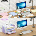 OPNICE Desk Organizer, 4-Tier Desktop File Organizer with Drawer and Pen Holders, Office Desk Accessories, File Sorters, Workspace Organizers for Office Supplies(Purple) - Image 2