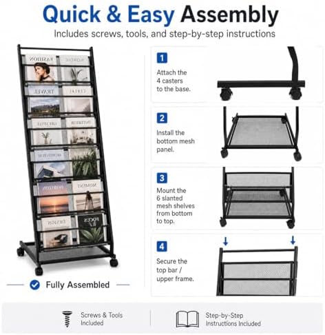 Magazine Rack 6-Tier Display Stand with Wheels, Floor Standing Holder - Image 7