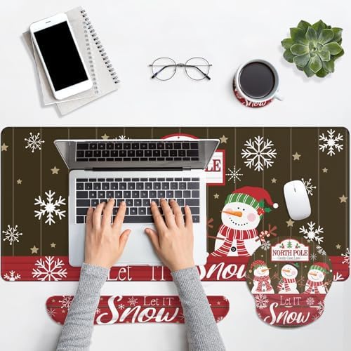 Britimes Keyboard Mouse Pad Set, 4 in 1 Desk Mat Set, Christmas Snowman - Image 4