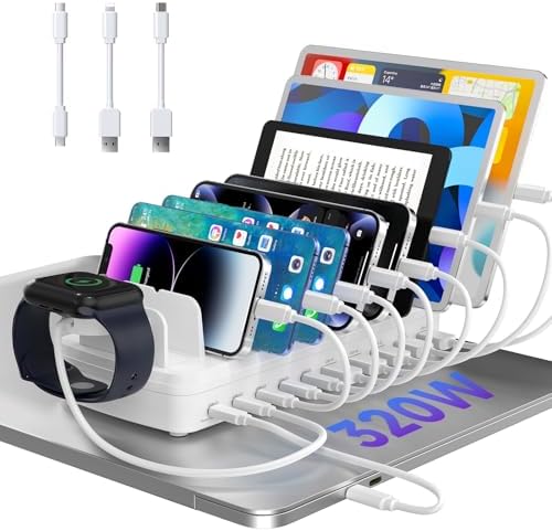 320W Charging Station for Multiple Devices, 10 Ports Fast Multi-Device Charger Organizer Compatible with MacBook Pro Laptop, iPhone, Android, Ipad, Tablet, Kindle, Family Multi-Device Charging Dock by MERGROLY