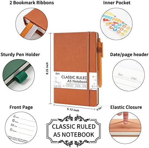 feela Journal Notebook Bulk for School, Hardcover Business Classic Ruled Lined Journals with Pen Holder for Work Office Journaling, with 5 Black Pens, 120 GSM, 5.1”x8.3”, 5 Pack, A5, Vintage Colors - Image 2