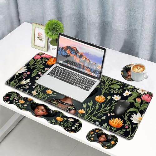 4 in 1 Ergonomic Memory Foam Mouse Pad Wrist Rest Set, Large XXL Gaming Desk Pad + Keyboard Wrist Rest + Mouse Wrist Cushion + Coaster for Home Office Study Gaming, African American Black Girl - Image 7