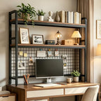 Desktop Bookshelf with Pegboard, 2-Tier Desk Hutch Storage Organizer Rack, Metal Frame & Wood Board, for 27-inch Monitor, Home Office & Dorm，Black,45.3" W by lihtsofty