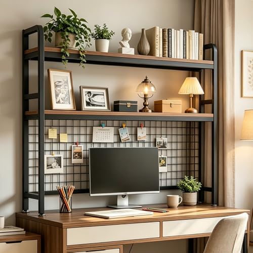 Desktop Bookshelf with Pegboard, 2-Tier Desk Hutch Storage Organizer Rack, Metal Frame & Wood Board, for 27-inch Monitor, Home Office & Dorm，Black,45.3" W by lihtsofty