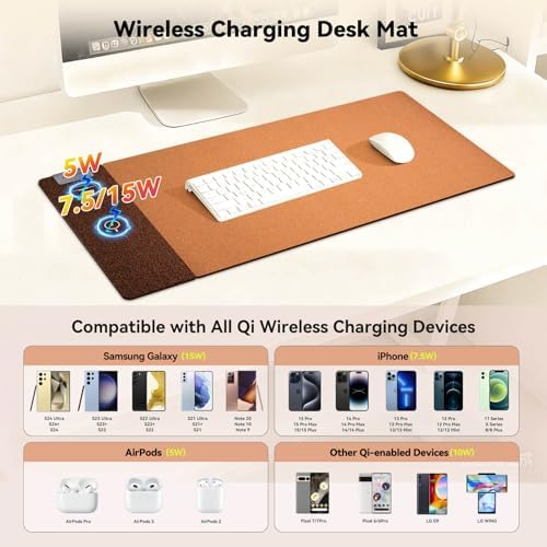 3-in-1 Eco Cork Wireless Charging Mouse Pad, Dual-Sided Fast Charge Mouse Mat, Extra Large Waterproof Office & Makeup Desk Protector, Qi-Certified Desk Pad for iPhone/Samsung/AirPods - Image 2