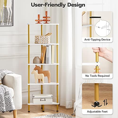 HOOBRO Corner Shelf Stand, Industrial 5-Tier Wall Corner Bookshelf with Metal Frame, Plant Display Shelf, Bookcase for Small Spaces, Bedroom, Living Room, White and Gold DW33CJ01 - Image 5