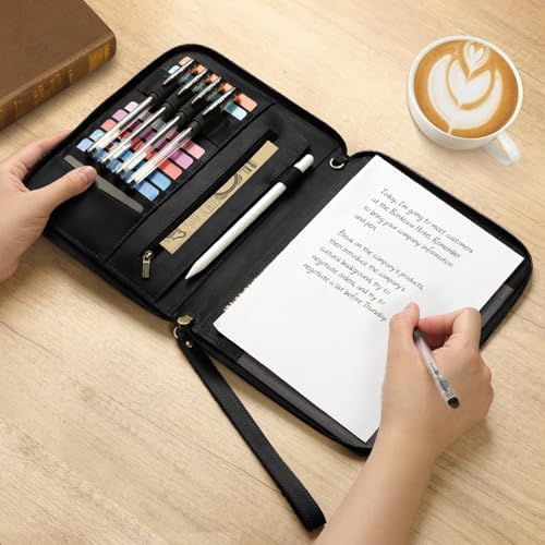 Ringsun Genuine Leather Portfolio with Zipper, Padfolio Portfolio Organizer Folder for Men Women, Professional Business Card Holder for A5 Letter Size Notepad, Resume, Writing Pad, Pen Loop, Black - Image 6