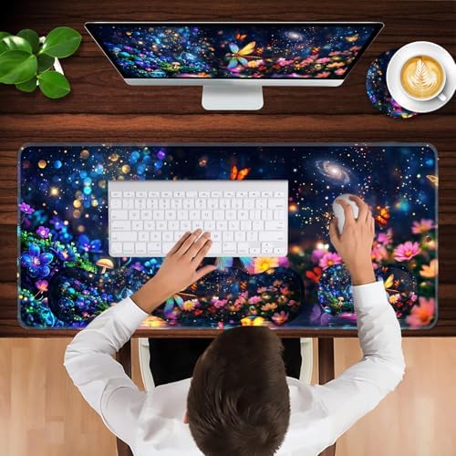 Keyboard Wrist Rest and Mouse Pad with Wrist Support Set Ergonomic Coaster,Memory Foam,Easy Typing Pain Relief,Large XL Desk Mat 31.5"x 11.8",Dragonfly Flower - Image 4