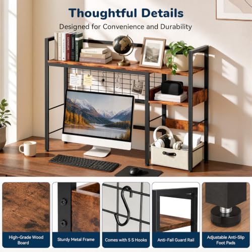 Desk Shelf, 38.6" Desk Hutch with Pegboard Hooks Set, Rustic Brown - Image 7