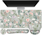 AIMSA Keyboard Mouse Pad Set, Extended Mouse Pad, Keyboard Wrist Rest Support, Memory Foam Ergonomic Desk Pad Set for Home Office Study Game, Pink White Flowers Plants by AIMSA