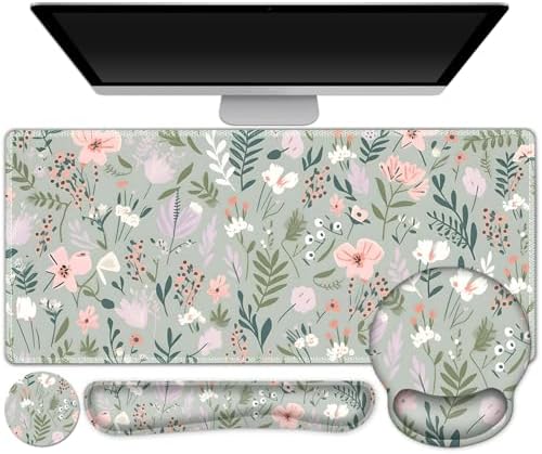 AIMSA Keyboard Mouse Pad Set, Extended Mouse Pad, Keyboard Wrist Rest Support, Memory Foam Ergonomic Desk Pad Set for Home Office Study Game, Pink White Flowers Plants by AIMSA