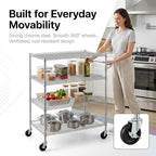 Finnhomy 4 Tier Heavy Duty Commercial Grade Rolling Cart with Handle Bar, Metal Wire Utility Cart with Wheels, Service Trolley on Wheels, Shelf Size 24" D x 36" W, NSF, Chrome - Image 6