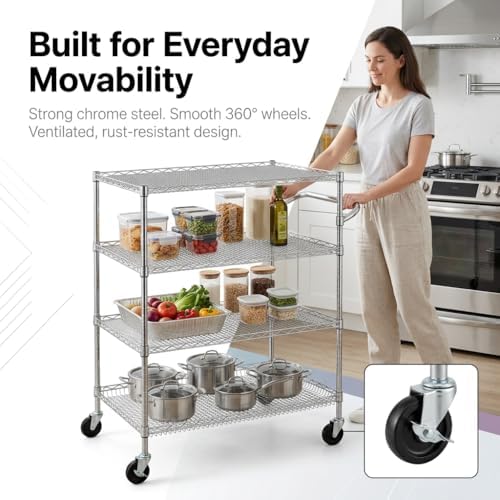 Finnhomy 4 Tier Heavy Duty Commercial Grade Rolling Cart with Handle Bar, Metal Wire Utility Cart with Wheels, Service Trolley on Wheels, Shelf Size 24" D x 36" W, NSF, Chrome - Image 6