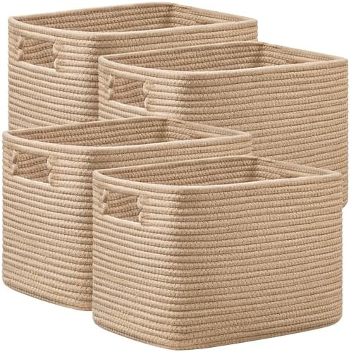 4 Pack Storage Baskets for Organizing, Shelf Baskets with Handles, Brown by UBBCARE