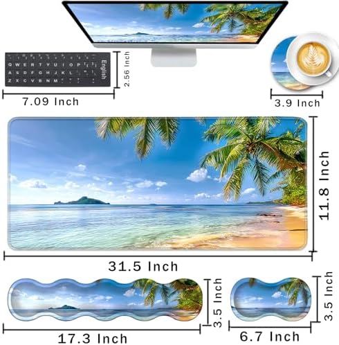 Keyboard Wrist Rest and Mouse Pad with Wrist Support Set Ergonomic Coaster,Memory Foam,Easy Typing Pain Relief,Large XL Desk Mat 31.5"x 11.8",Shore Palms Tropical Beach - Image 2