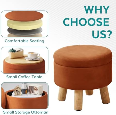 Small Foot Stool Ottoman with Storage, Velvet Ottoman Foot Rest for Couch, Round Footstool with Storage, Small Ottomans and Footstools for Living Room and Entryway (Orange) - Image 3
