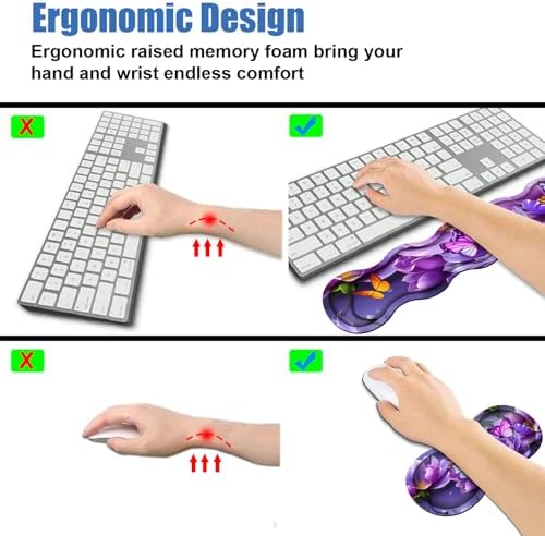 4 in 1 Ergonomic Memory Foam Mouse Pad Wrist Rest Set, Large XXL Gaming Desk Pad + Keyboard Wrist Rest + Mouse Wrist Cushion + Coaster for Home Office Study Gaming, Purple Flowers and Butterfly - Image 5