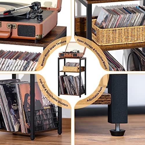 LELELINKY 3 Tier End Table,Record Player Stand with Storage Up to 100 Albums,Turntable Stand for Vinyl,Brown Records Shelf for Living Room Bedroom - Image 4