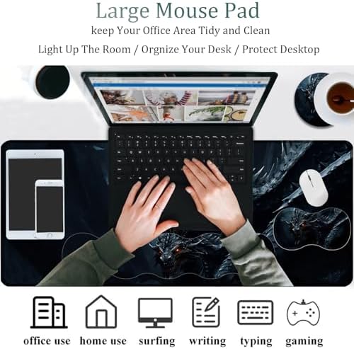 4 in 1 Mouse Pad Combo, Large Gaming Mouse Pad + Keyboard Wrist Support + Mouse Wrist Rest + Coaster, Table Pad 31.5 "x 11.8" with Memory Foam Ergonomic Wrist Pad Set, Cool Dark Dragon - Image 4