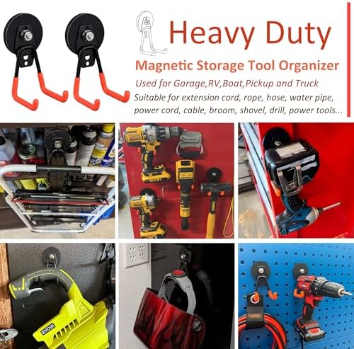 ULIBERMAGNET Heavy Duty Magnetic Garage Hooks,4 Pack Strong Large Magnet Hooks for Power Drill,Garden Tools,Hose,Pegboard,Garage, Workshop,Magnetic Storage Hooks for Indoor Outdoor Hanging(Orange) - Image 3