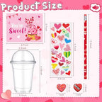 Pasimy 32 Set Valentine's Day Stationery Gift Valentine Classroom Exchange Gifts Include Cups Cards Pencils Stickers Erasers Stampers Sharpeners for Boy and Girl Prize Party Favor(Food) - Image 3