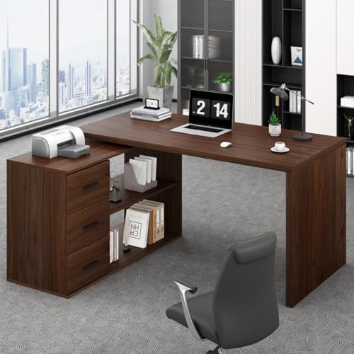 HSH Walnut L Shaped Desk Corner Desk with 3 Storage Drawers 55 inch by HOMESWEETHOME