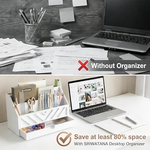 SRIWATANA White Desk Mail Organizer with Drawer, 5 Slot Countertop Sorter - Image 4