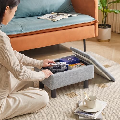 IBUYKE Storage Footstool Ottoman, Linen Fabric Footrest, Gray Blue RF-BD224 - Image 2