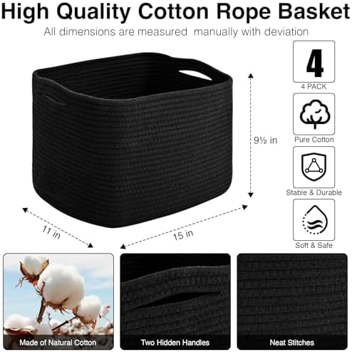 ICERZCZ Storage Baskets for Organizing & Shelves, Woven Cotton Rope Organization Bins for Dog Toys, Clothes, Books, Nursery Organizer, 15"Lx11''Wx9.5''H, (4 Packs) Black - Image 3
