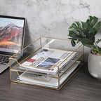 BTSKY 2 Pack Golden Glass Desk Tray, Multi-Purpose Organizer for A4 Paper, Documents, Desk Supplies, Makeup, Clear File Tray with Metal Frame, Stackable Decorative Storage for Home Office Vanity - Image 2