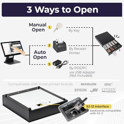 Volcora Electronic Cash Register Drawer for Point of Sale (POS) System, 5 Bill/8 Coin, 16" with Adjustable Coin Slots, 12-24V, RJ11/RJ12 Key-Lock, Media Slot, Black - Image 4