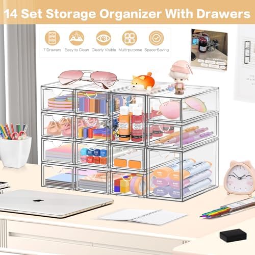 Desk Organizer with 14 Drawers, Clear, Stackable - Image 3