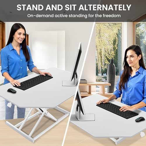 Aconcept 38 inch White Corner Height Adjustable Standing Desk Converter, One-Click Sit to Stand up Desk Riser, Pre-Assembled for Dual Monitor and Laptop Workstation - Image 4