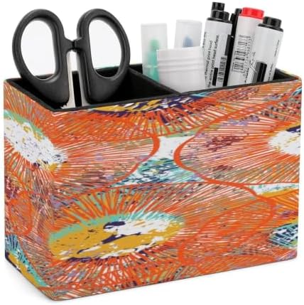 PU Leather Multi-Compartment Pen Holder Desktop Organizer Pencil Cup Storage Caddy for Office Home Supplies Bold Ethnic Print with Lines Circles by Unknown