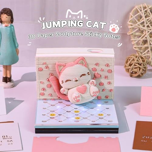 3D Calendar 2027, Desk Time Piece Calendar 2027,Tear-Away 3D Paper Art Notepad w LED Lights,Creative 3D Memo Artsy Pad Calendars, DIY Paper Carving Gift (Jumping Cat) - Image 2